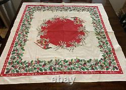 Vtg 50s TABLECLOTH MERRY CHRISTMAS SANTA Holly Reindeer Sleigh Mid Century