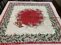 Vtg 50s TABLECLOTH MERRY CHRISTMAS SANTA Holly Reindeer Sleigh Mid Century