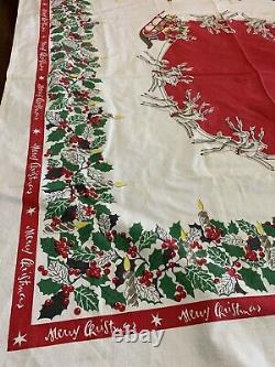 Vtg 50s TABLECLOTH MERRY CHRISTMAS SANTA Holly Reindeer Sleigh Mid Century