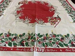 Vtg 50s TABLECLOTH MERRY CHRISTMAS SANTA Holly Reindeer Sleigh Mid Century