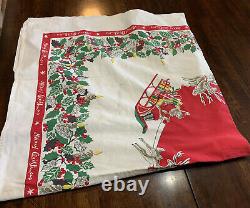 Vtg 50s TABLECLOTH MERRY CHRISTMAS SANTA Holly Reindeer Sleigh Mid Century