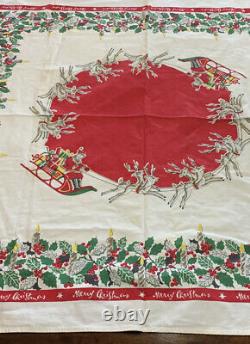 Vtg 50s TABLECLOTH MERRY CHRISTMAS SANTA Holly Reindeer Sleigh Mid Century