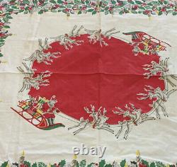 Vtg 50s TABLECLOTH MERRY CHRISTMAS SANTA Holly Reindeer Sleigh Mid Century