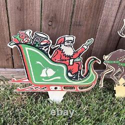 Vtg 70's SANTA Sleigh 8 Reindeer Flat Styrene Plastic Outdoor Yard Stakes 20