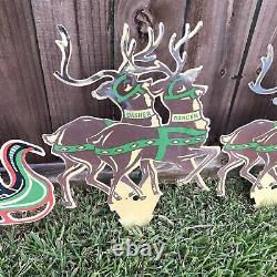 Vtg 70's SANTA Sleigh 8 Reindeer Flat Styrene Plastic Outdoor Yard Stakes 20