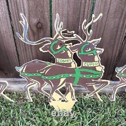 Vtg 70's SANTA Sleigh 8 Reindeer Flat Styrene Plastic Outdoor Yard Stakes 20