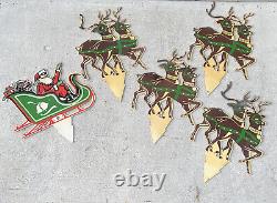 Vtg 70's SANTA Sleigh 8 Reindeer Flat Styrene Plastic Outdoor Yard Stakes 20