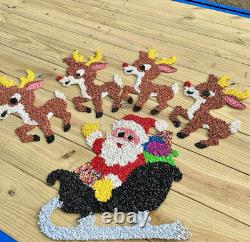 Vtg 70s Melted Plastic Popcorn Santa Claus Sleigh Wall Hanging Decor 4 Reindeer