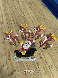 Vtg 70s Melted Plastic Popcorn Santa Claus Sleigh Wall Hanging Decor 4 Reindeer