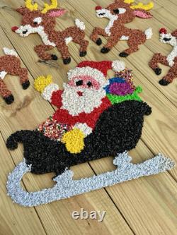 Vtg 70s Melted Plastic Popcorn Santa Claus Sleigh Wall Hanging Decor 4 Reindeer