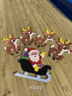 Vtg 70s Melted Plastic Popcorn Santa Claus Sleigh Wall Hanging Decor 4 Reindeer