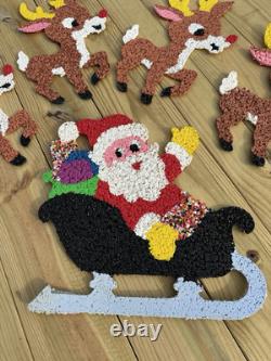 Vtg 70s Melted Plastic Popcorn Santa Claus Sleigh Wall Hanging Decor 4 Reindeer
