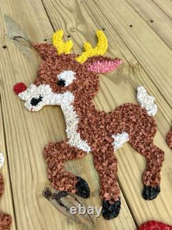 Vtg 70s Melted Plastic Popcorn Santa Claus Sleigh Wall Hanging Decor 4 Reindeer