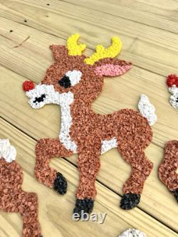 Vtg 70s Melted Plastic Popcorn Santa Claus Sleigh Wall Hanging Decor 4 Reindeer