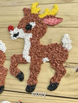 Vtg 70s Melted Plastic Popcorn Santa Claus Sleigh Wall Hanging Decor 4 Reindeer