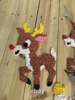 Vtg 70s Melted Plastic Popcorn Santa Claus Sleigh Wall Hanging Decor 4 Reindeer