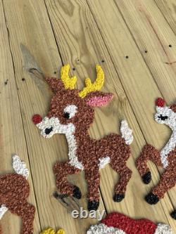 Vtg 70s Melted Plastic Popcorn Santa Claus Sleigh Wall Hanging Decor 4 Reindeer