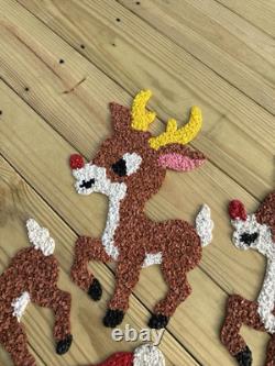 Vtg 70s Melted Plastic Popcorn Santa Claus Sleigh Wall Hanging Decor 4 Reindeer