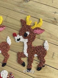 Vtg 70s Melted Plastic Popcorn Santa Claus Sleigh Wall Hanging Decor 4 Reindeer