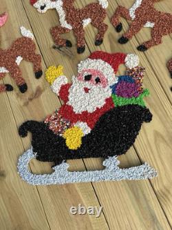 Vtg 70s Melted Plastic Popcorn Santa Claus Sleigh Wall Hanging Decor 4 Reindeer