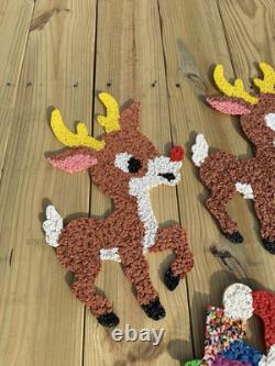 Vtg 70s Melted Plastic Popcorn Santa Claus Sleigh Wall Hanging Decor 4 Reindeer