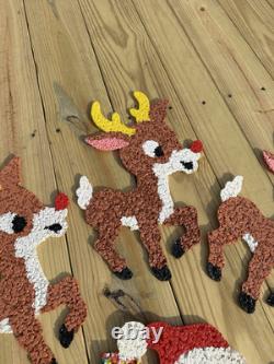Vtg 70s Melted Plastic Popcorn Santa Claus Sleigh Wall Hanging Decor 4 Reindeer
