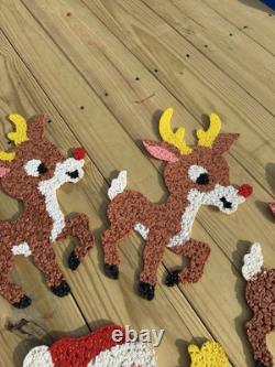 Vtg 70s Melted Plastic Popcorn Santa Claus Sleigh Wall Hanging Decor 4 Reindeer