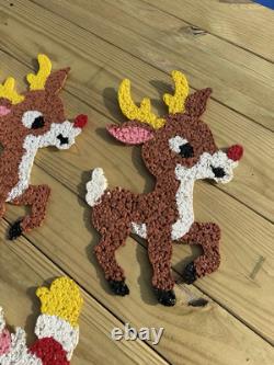 Vtg 70s Melted Plastic Popcorn Santa Claus Sleigh Wall Hanging Decor 4 Reindeer