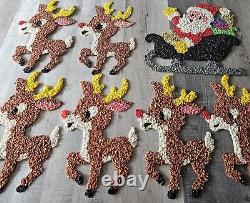 Vtg 70s Melted Plastic Popcorn Santa Claus Sleigh Wall Hanging Decor 6 Reindeer
