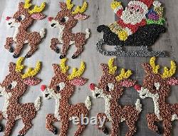 Vtg 70s Melted Plastic Popcorn Santa Claus Sleigh Wall Hanging Decor 6 Reindeer