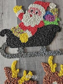 Vtg 70s Melted Plastic Popcorn Santa Claus Sleigh Wall Hanging Decor 6 Reindeer