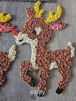 Vtg 70s Melted Plastic Popcorn Santa Claus Sleigh Wall Hanging Decor 6 Reindeer