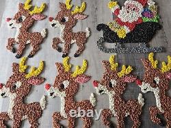 Vtg 70s Melted Plastic Popcorn Santa Claus Sleigh Wall Hanging Decor 6 Reindeer
