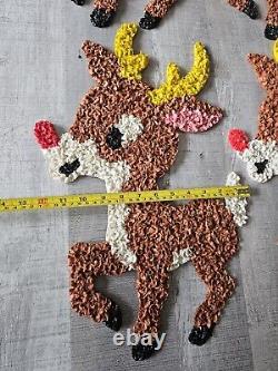 Vtg 70s Melted Plastic Popcorn Santa Claus Sleigh Wall Hanging Decor 6 Reindeer