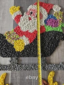 Vtg 70s Melted Plastic Popcorn Santa Claus Sleigh Wall Hanging Decor 6 Reindeer