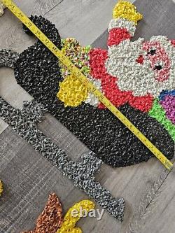 Vtg 70s Melted Plastic Popcorn Santa Claus Sleigh Wall Hanging Decor 6 Reindeer