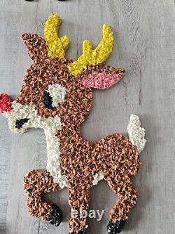 Vtg 70s Melted Plastic Popcorn Santa Claus Sleigh Wall Hanging Decor 6 Reindeer