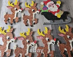 Vtg 70s Melted Plastic Popcorn Santa Claus Sleigh Wall Hanging Decor 6 Reindeer