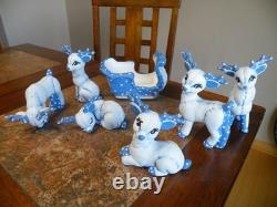 Vtg 7Pc. Kimple Mold Reindeer Sleigh Figurines Set Hand Painted Christmas FREESH