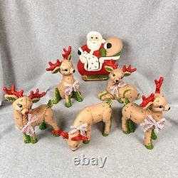 Vtg 80s Kimple Mold Ceramic 5 Christmas Reindeer & Santa in Sleigh Hand-painted