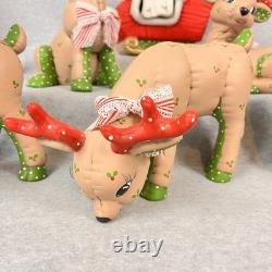 Vtg 80s Kimple Mold Ceramic 5 Christmas Reindeer & Santa in Sleigh Hand-painted