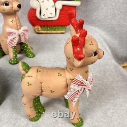 Vtg 80s Kimple Mold Ceramic 5 Christmas Reindeer & Santa in Sleigh Hand-painted