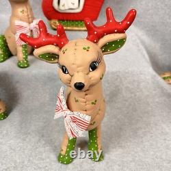 Vtg 80s Kimple Mold Ceramic 5 Christmas Reindeer & Santa in Sleigh Hand-painted