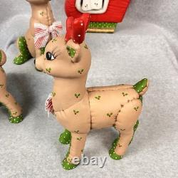 Vtg 80s Kimple Mold Ceramic 5 Christmas Reindeer & Santa in Sleigh Hand-painted