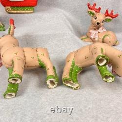 Vtg 80s Kimple Mold Ceramic 5 Christmas Reindeer & Santa in Sleigh Hand-painted