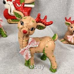 Vtg 80s Kimple Mold Ceramic 5 Christmas Reindeer & Santa in Sleigh Hand-painted