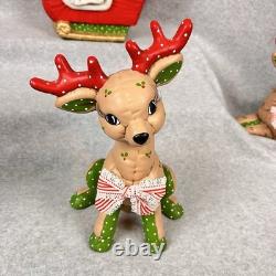 Vtg 80s Kimple Mold Ceramic 5 Christmas Reindeer & Santa in Sleigh Hand-painted