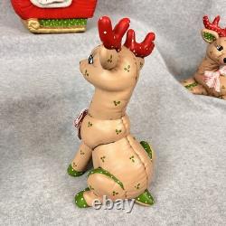 Vtg 80s Kimple Mold Ceramic 5 Christmas Reindeer & Santa in Sleigh Hand-painted
