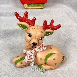 Vtg 80s Kimple Mold Ceramic 5 Christmas Reindeer & Santa in Sleigh Hand-painted