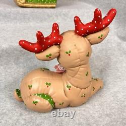 Vtg 80s Kimple Mold Ceramic 5 Christmas Reindeer & Santa in Sleigh Hand-painted